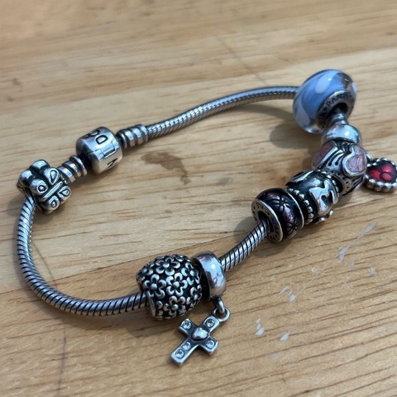 PANDORA VINTAGE SIGNED CHARM BRACELET, hinged beads, heart charm, MURANO glass - Picture 7 of 8